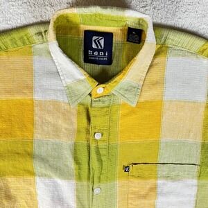 Karl Kani Mens XL Linen Blend Button Up Yellow Green logo